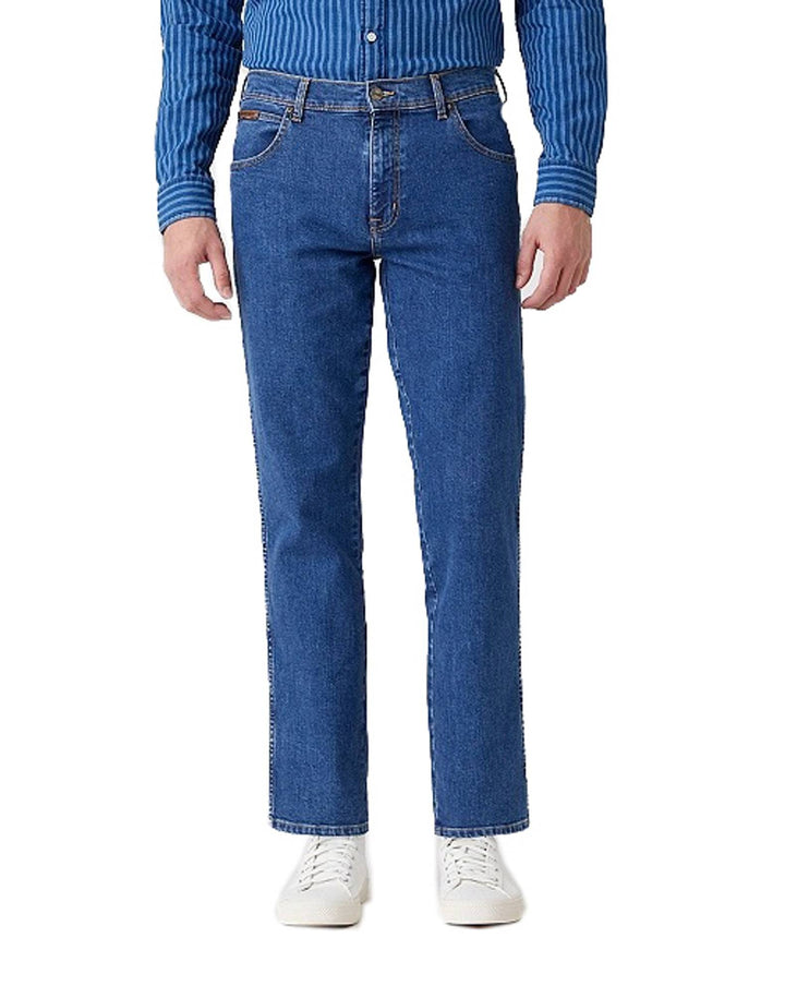 Wrangler Herren Jeans Texas - Regular Fit - Blau - Arm Strong W29-W50 Stretch 40W / 34L Best Rocks,
