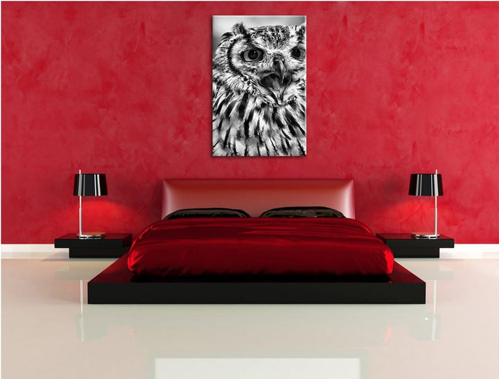 Pixxprint grosse Waldeule gähnt als Leinwandbild | Grösse: 100x70 | Wandbild| Kunstdruck | fertig be