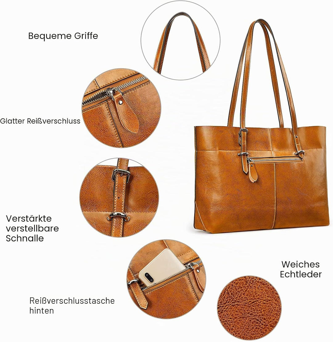 S-ZONE Damen Handtasche Rindspalt Leder Schultertasche Umhängetasche Grosse Shopper Tote Beutel Brau