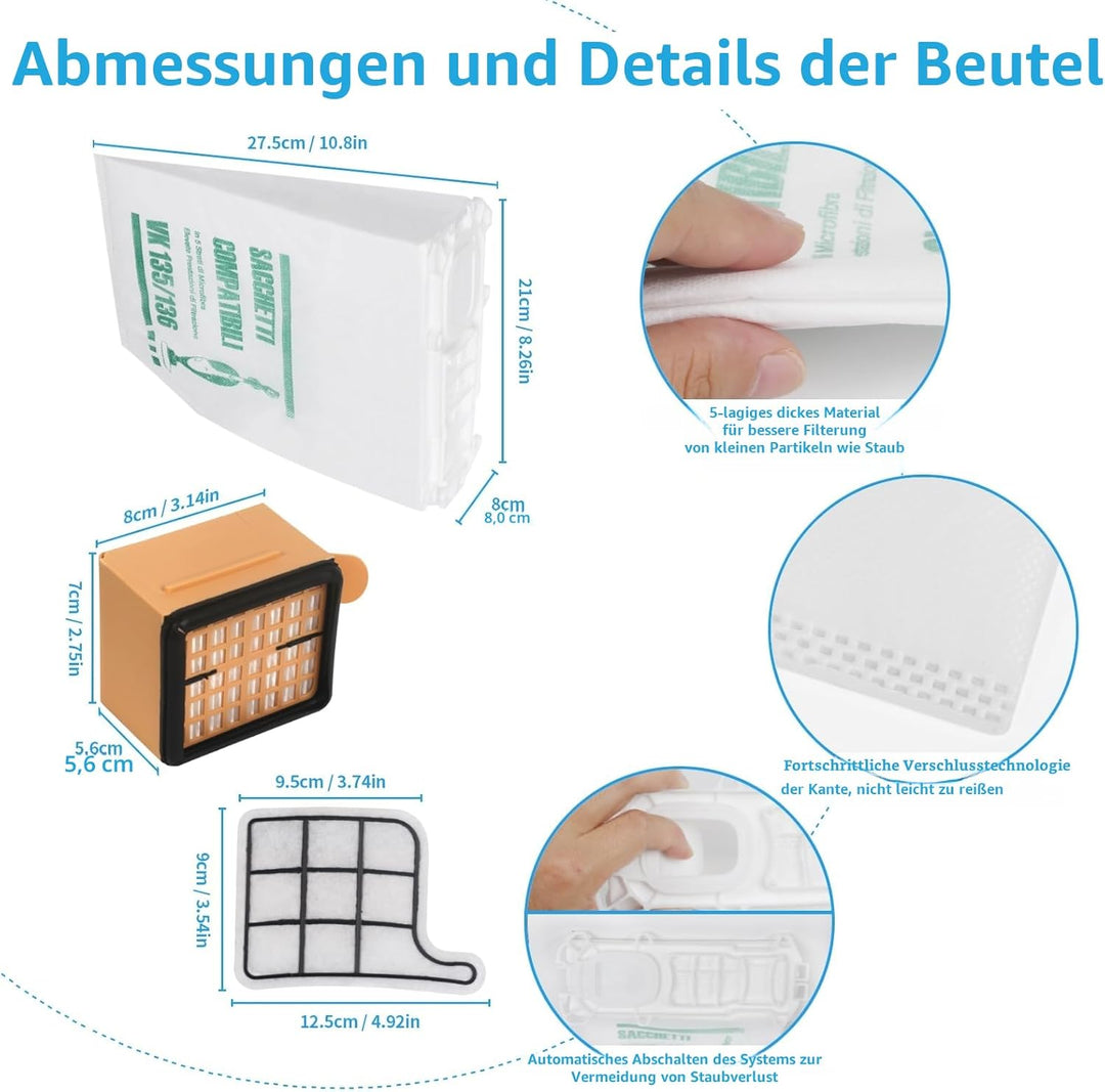 12 Staubsaugerbeutel für Vorwerk Kobold VK135 VK136 Mit 2 Motorschutzfilter +1 Hygienefilter, Premiu