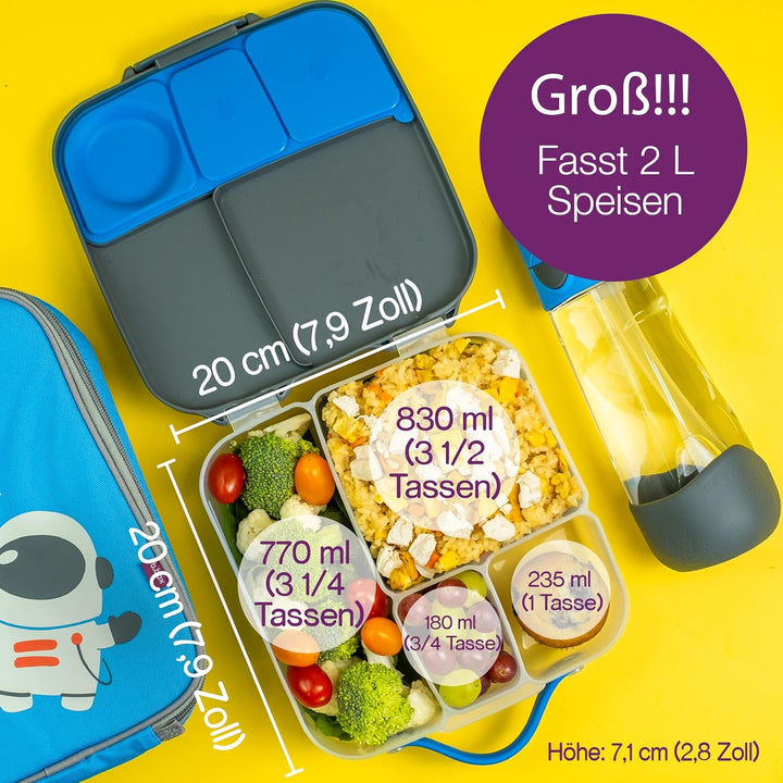 b.box Brotdose | Grosse Bento-Box mit 4 Fächern (2 auslaufsicher), herausnehmbarer Trenner, Gel-Kühl