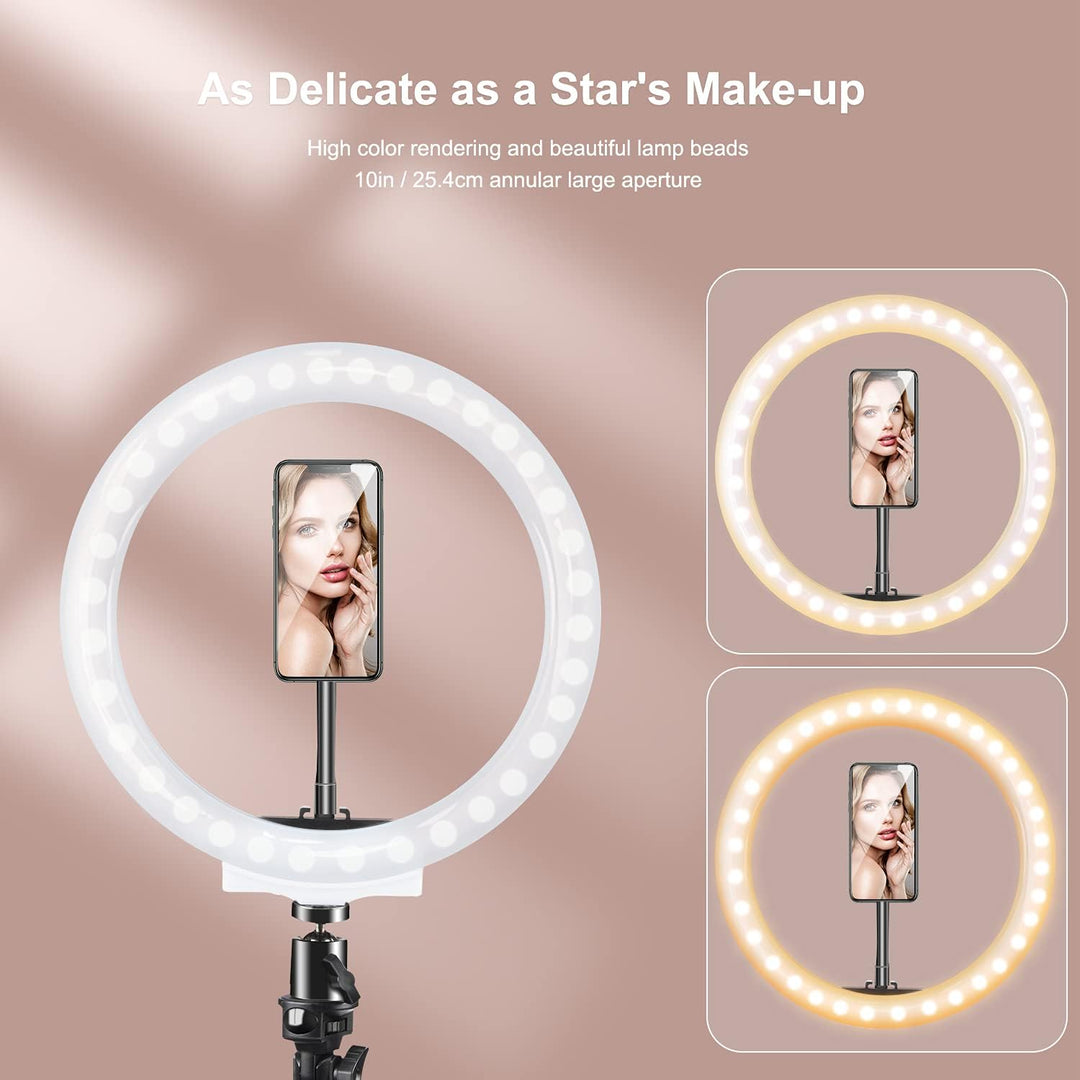 iRhodesy LED Ringlicht 10 Zoll inkl. 150 cm Stativ, dimmbare Selfie Ringleuchte, 3 Lichtmodi & 10 He