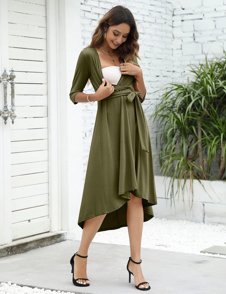 Damen Umstandskleid Festlich Stillkleid V-Ausschnitt 3/4 Ärmel Schwangerschaftskleid mit Taillengürt