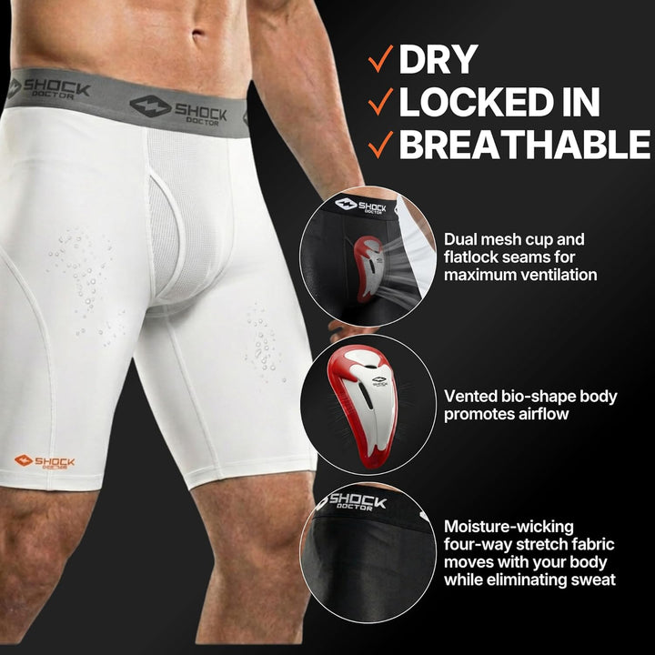 ShockDoctor Herren Tiefschutz Kompressions-Short mit Bioflex Cup XL Weiss, XL Weiss