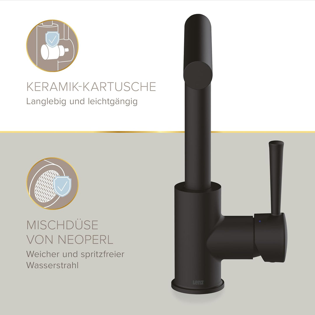 Lenz Küchenarmatur OLINA Schwarz-matt – Hoher und 360° schwenkbarer Auslauf | Spültischarmatur in L-