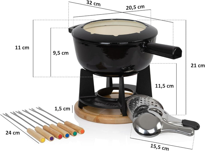 Mahlzeit Gusseisen Fondue Set für 6 Personen | 2 Liter | Fondueset 13 teilig mit Brenner und Gabeln