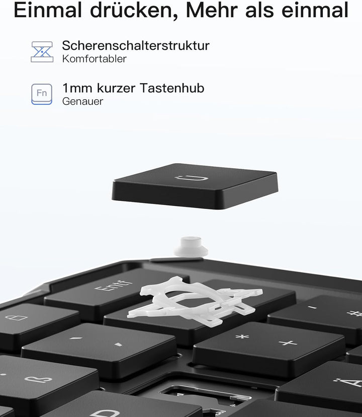 Inateck Faltbare Tastatur Ergonomische, Funktastatur Dual-Fold Magnetic QWERTZ,mit 3 BT,Mit Rückencl