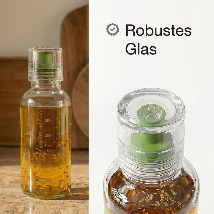 Dressingshaker aus Glas mit Skalierung 300ml | Dressing Behälter mit tropffreien Ausguss, spülmaschi