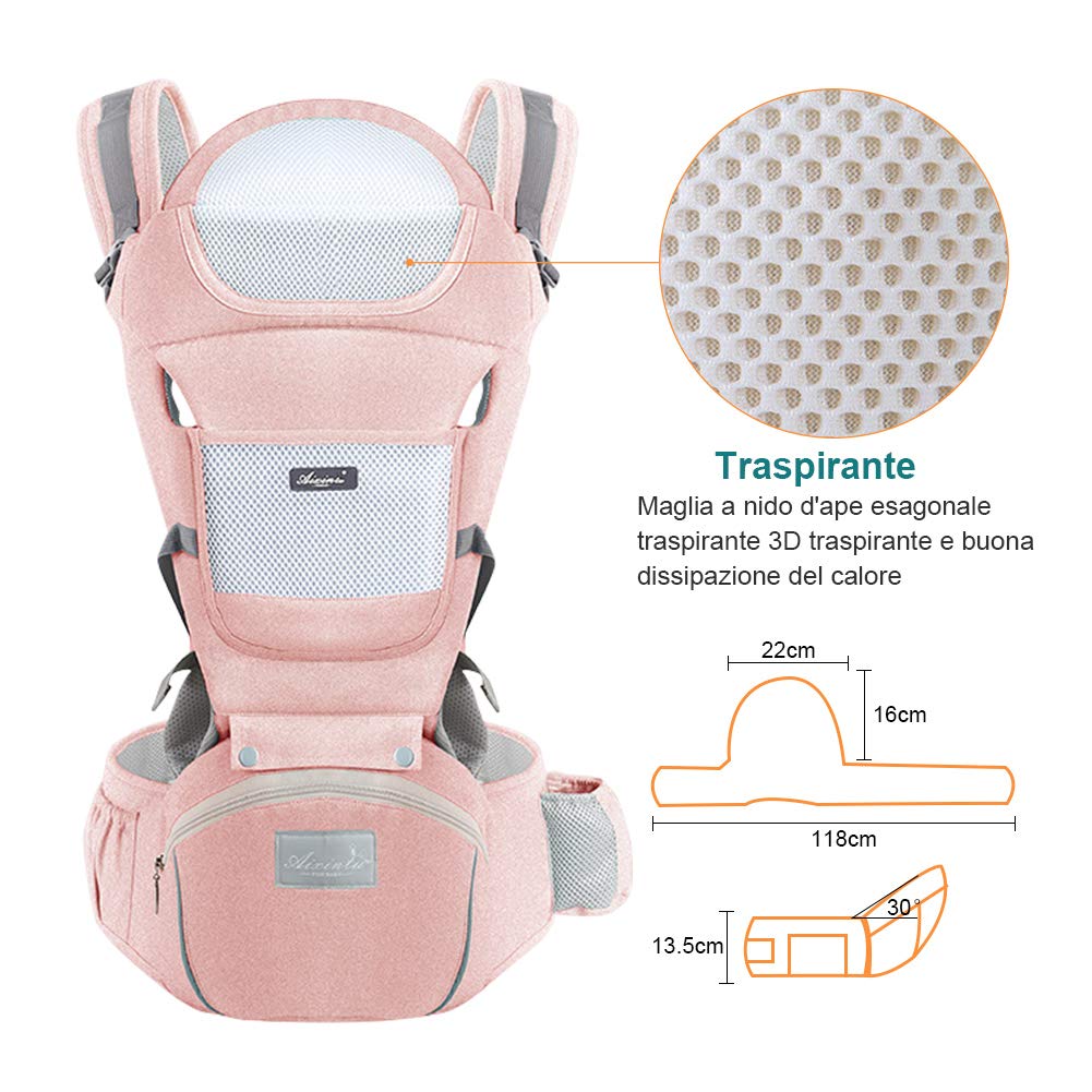 Babytrage mit Hocker, mehrere Positionen, Rucksack für Neugeborene, atmungsaktiv und bequem Rosa, Ro