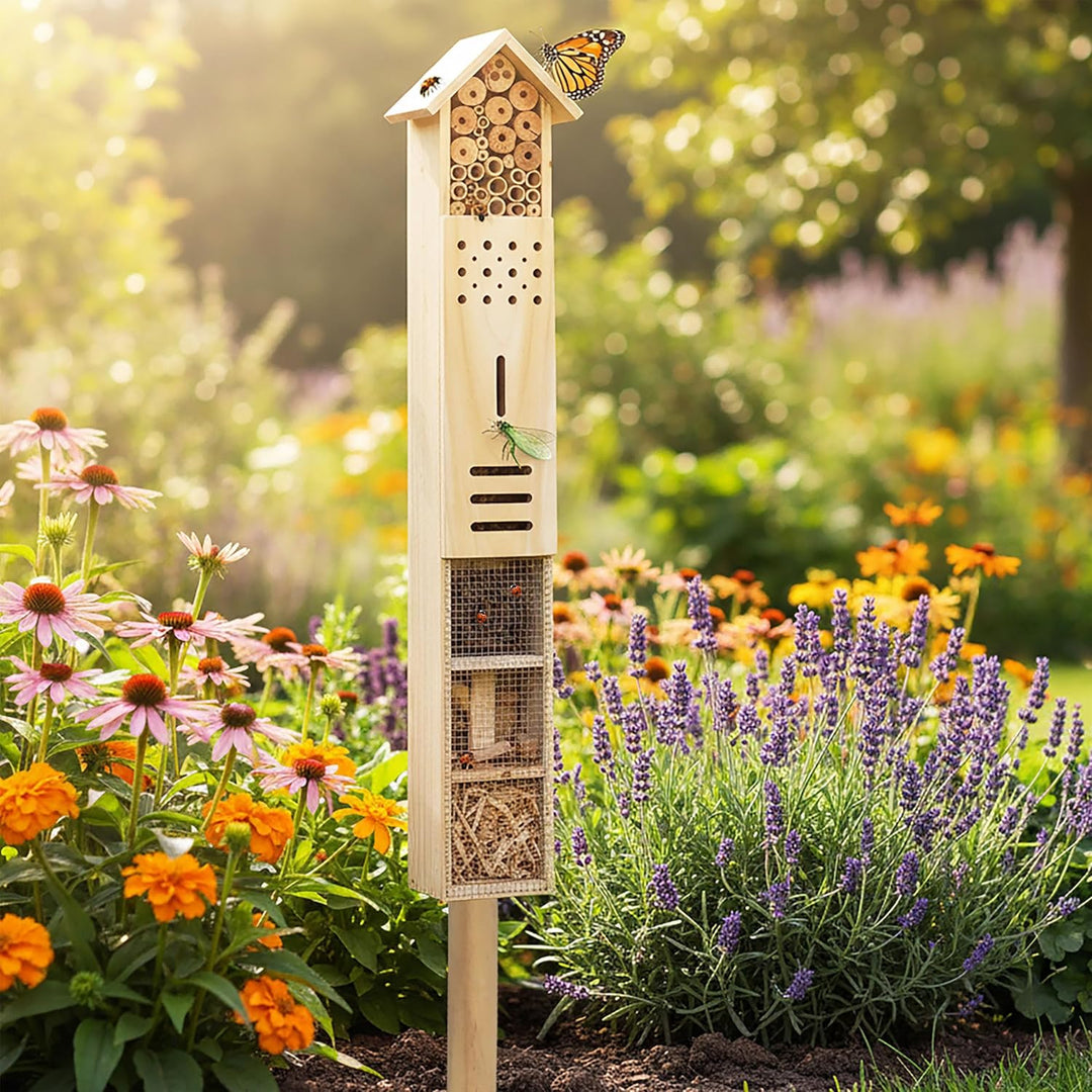 XXL Insektenhotel mit Erdspiess - 79 x 15 cm - Insektenhaus zum Stellen - Schmetterling Käfer Bienen