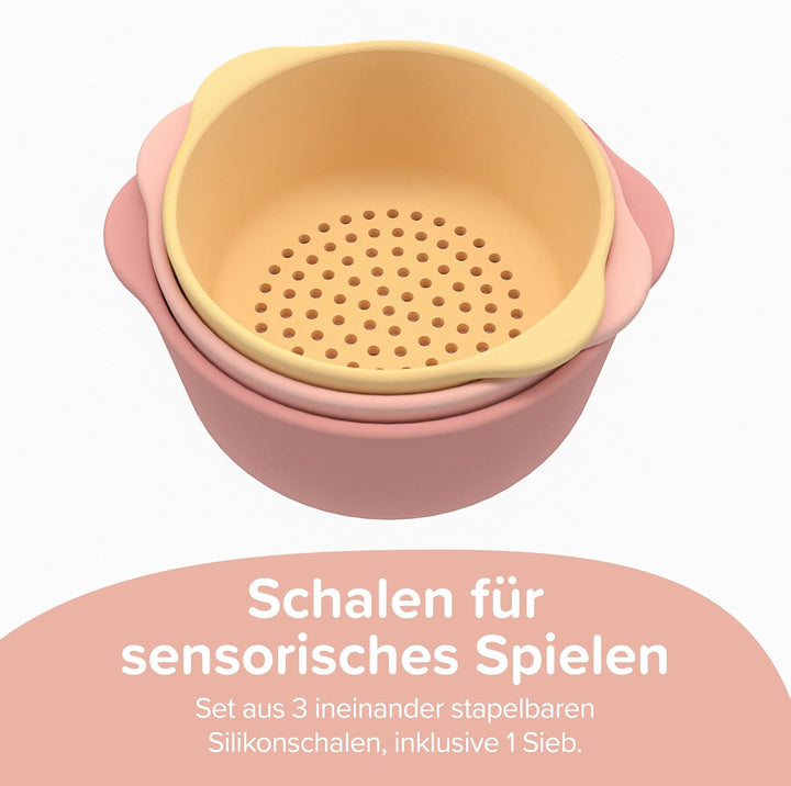 Inspire My Play – 3 x Koralle Stapelbare Silikonschalen und Sieb – Perfektes Zubehör für Sensory Pla