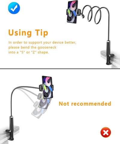 Tryone Schwanenhals Tablet Halterung Bett: Tablet Halter 360°Drehbarer Sockel mit 2 Clips Handyhalte