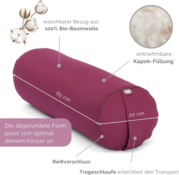 Bodhi Yoga Bolster | ECO Serie | Yogarolle mit Kapok-Füllung | Waschbarer Bezug aus 100% Bio-Baumwol