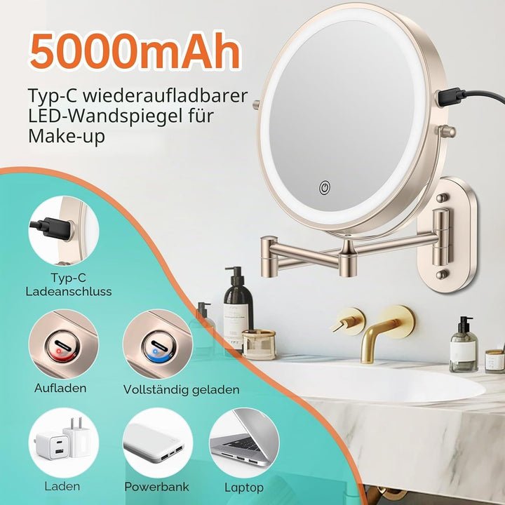 USB Wiederaufladbarer Schminkspiegel mit Licht, Doppelseitiger Schminkspiegel mit 1X/10X Vergrösseru