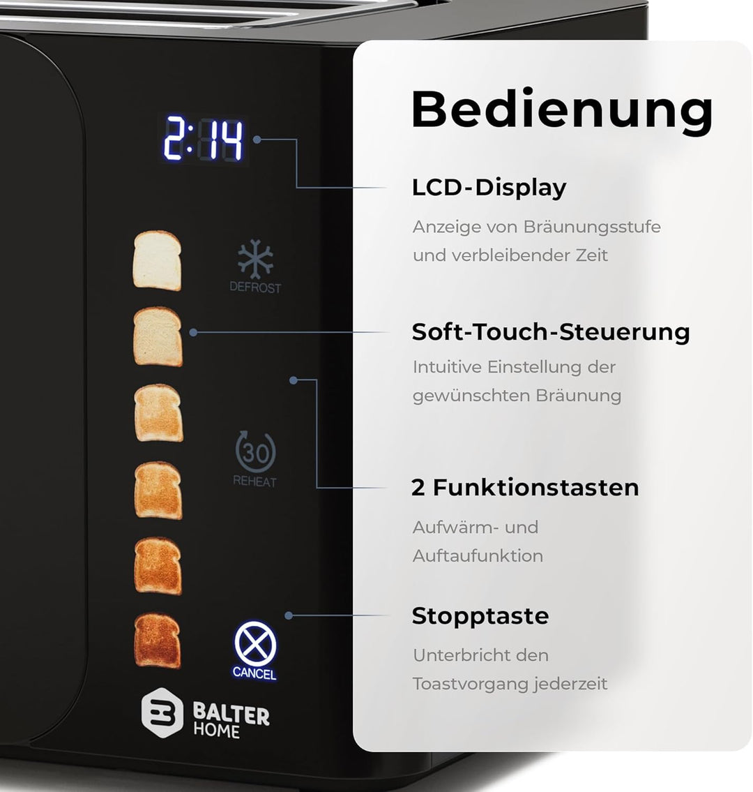 Balter Toaster 4 Scheiben Touch Bedienung, Langschlitz, Edelstahl, Brötchenaufsatz, LCD Display Rest