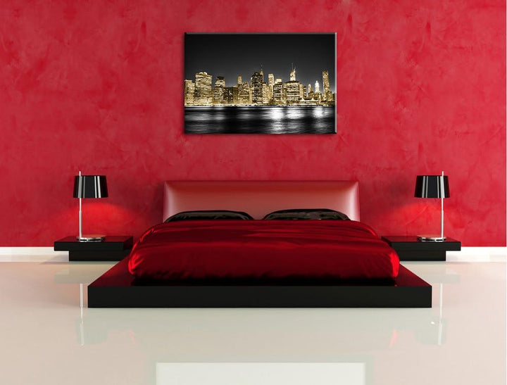 Manhattan Skyline bei Nacht schwarz/weiss Format: 100x70 auf Leinwand, XXL riesige Bilder fertig ger