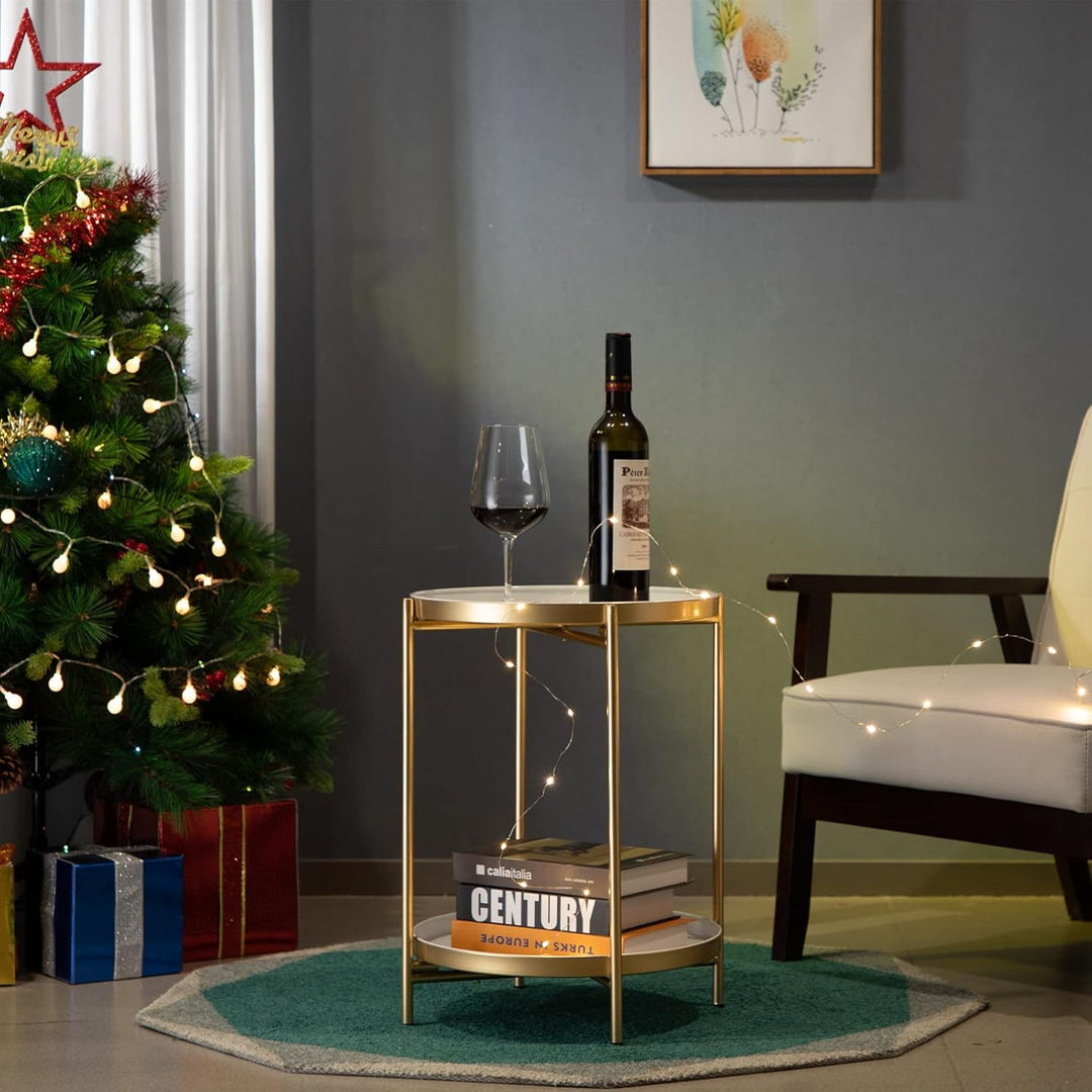 HollyHOME Runder Beistelltisch, 2 Ebenen Beistelltisch Metalltablett, Snacktisch, Couchtisch, Teetis