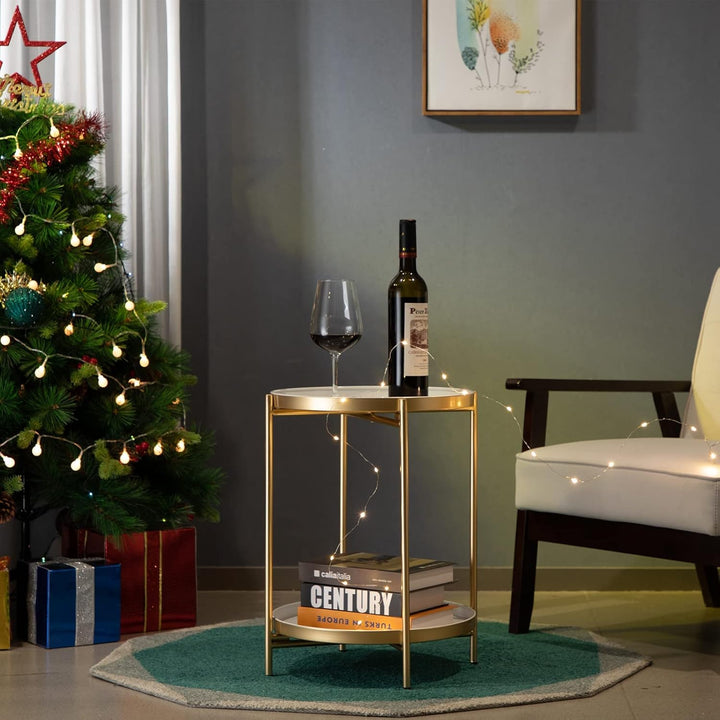 HollyHOME Runder Beistelltisch, 2 Ebenen Beistelltisch Metalltablett, Snacktisch, Couchtisch, Teetis