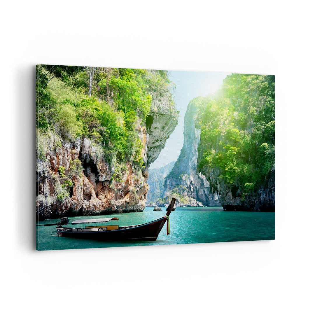 Bilder auf Leinwand 100x70cm Leinwandbild Boot Klippen Natur Felsen Gross Wanddeko Bild Schlafzimmer