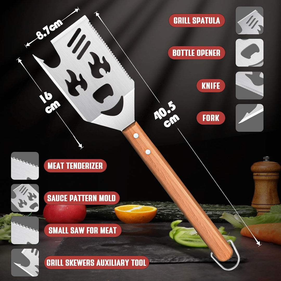 8 in 1 Grillspachtel für Barbecue, Grillbesteck mit Holzgriff, Multifunktionales Grill Zubehör, 40.5