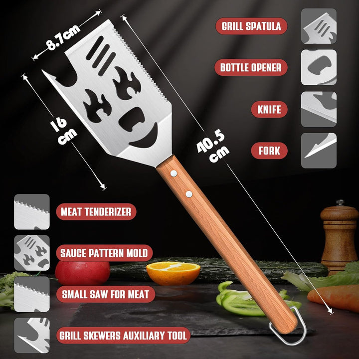 8 in 1 Grillspachtel für Barbecue, Grillbesteck mit Holzgriff, Multifunktionales Grill Zubehör, 40.5