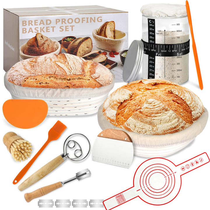 HMASYO Sauerteig Starter Set mit 2 Brot Gärkorb Set (23 & 25 cm) und Starterglas - Komplettes Sourdo