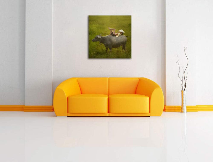 Wasserbüffel trägt Kind, Format: 70x70 auf Leinwand, XXL riesige Bilder fertig gerahmt mit Keilrahme