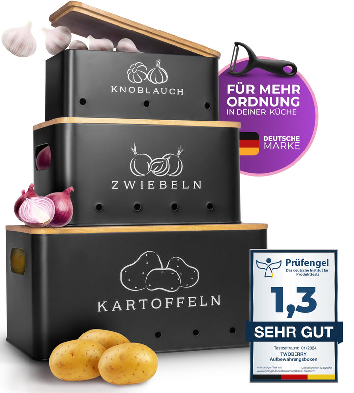 Kartoffel Aufbewahrungsbox (3er Set) inkl. Sparschäler- längere Haltbarkeit durch Luftzirkulation-id