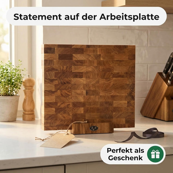 B4K 43х33x4,3cm mit Ständer Hackblock aus Eiche Stirnholz | Hirnholzbrett mit Griffen und Silikonfüs