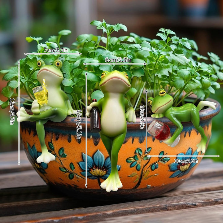DZAY 3 Stück Blumentopf Hänger Frösche Deko Figuren mit Weinglas,Frosch Deko Frösche Tiere Harz Stat