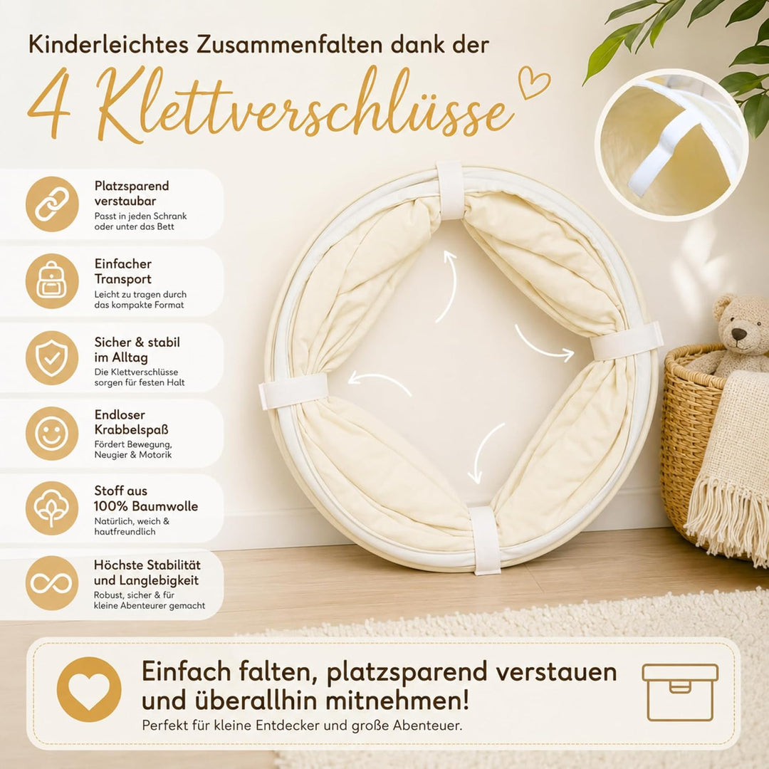 LIONHERZ® Spieltunnel für Kinder aus 100% Baumwolle mit Klettverschlüssen | Krabbeltunnel für Baby [