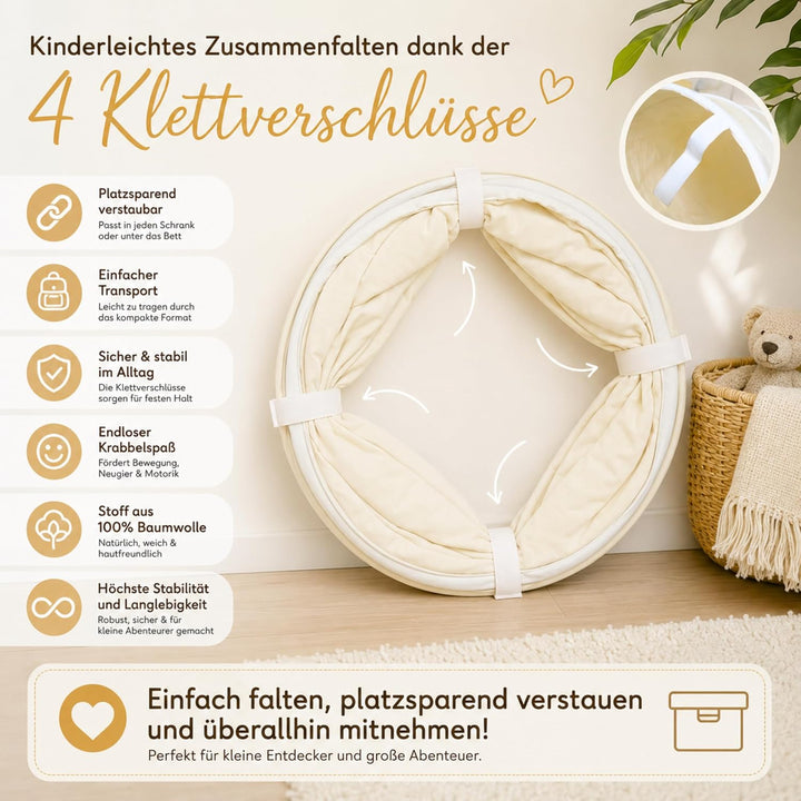 LIONHERZ® Spieltunnel für Kinder aus 100% Baumwolle mit Klettverschlüssen | Krabbeltunnel für Baby [
