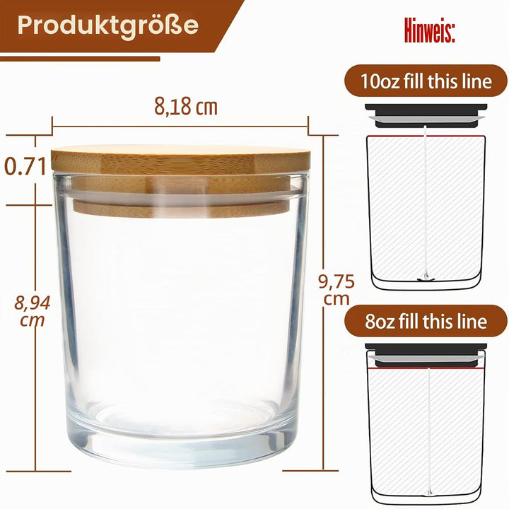 CONNOO 12 Stück 284 ml klarem Glas-Kerzengläser mit Bambusdeckel für die Herstellung von Kerzen, lee