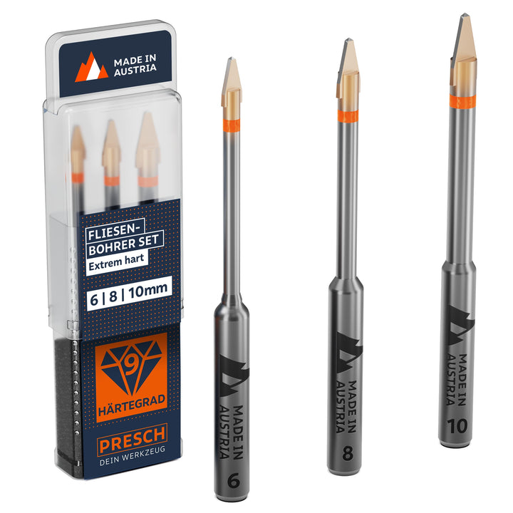 Presch Fliesenbohrer Set 3tlg. | ⌀ 6mm, 8mm,10mm | Feinsteinzeug Bohrer für harte Fliesen, Keramik,
