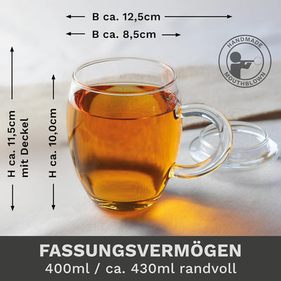 Creano Teeglas all in one 400ml, Grosse Teetasse mit Edelstahlsieb und Deckel aus Glas, Teebereiter