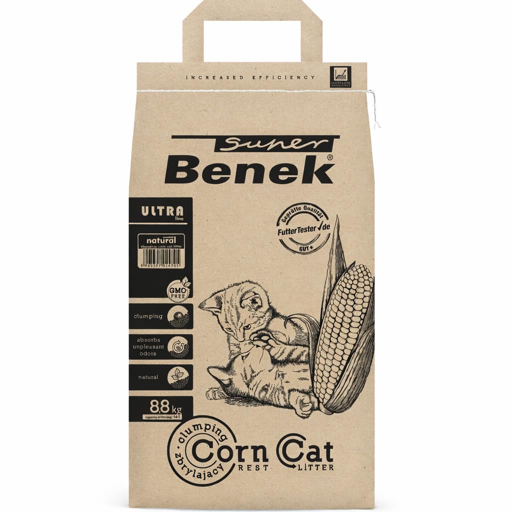 Super Benek Corn Cat Ultra Pflanzliche Katzenstreu Natur, 14 L, 8,8 kg | Pflanzliche Klumpstreu, Erh