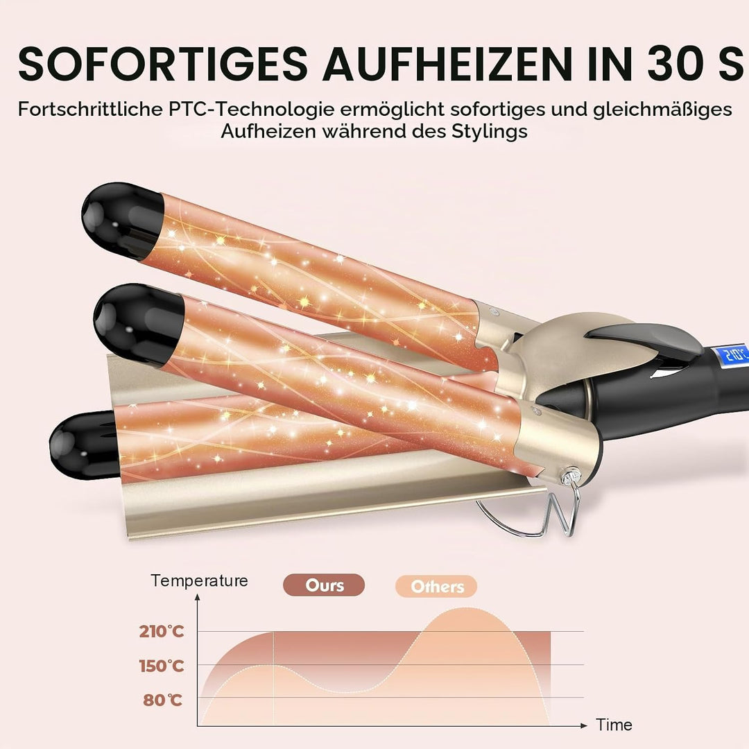 Lockenstab 3 Fässer Welleneisen DEEPWAVES Φ28mm, AIMERVO Waver LCD 14 Temperaturstufen 80-210℃, für