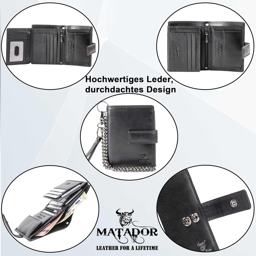 MATADOR Herren Biker Geldbörse Portemonnaie Leder mit Kette | Brieftasche Portmonee Männer mit RFID