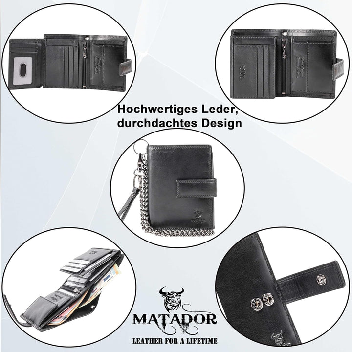 MATADOR Herren Biker Geldbörse Portemonnaie Leder mit Kette | Brieftasche Portmonee Männer mit RFID