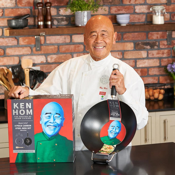 Ken Hom Stielwok 31 cm Induktion aus Karbonstahl antihaftbeschichtet mit Gegengriff - Wok Set inklus