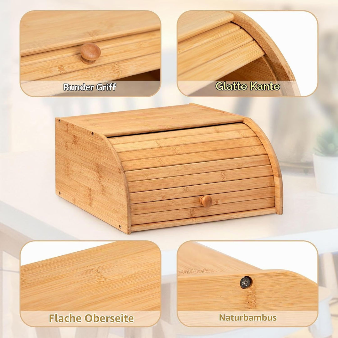 HollyHOME Brotkasten Bambus Gross Natürliche Bambus-Brotkästen für die Küche, Rolltop-Brotaufbewahru