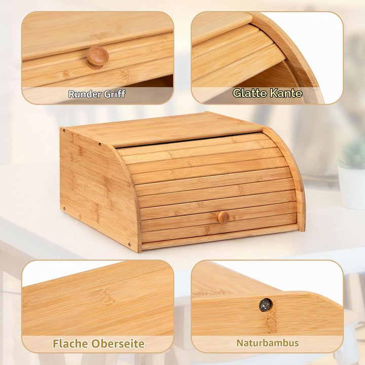 HollyHOME Brotkasten Bambus Gross Natürliche Bambus-Brotkästen für die Küche, Rolltop-Brotaufbewahru