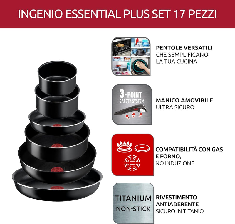 Lagostina Ingenio Essential Plus Akku für Töpfe, Aluminium für Gas und Backofen, 17 Stück, 2 Töpfe,