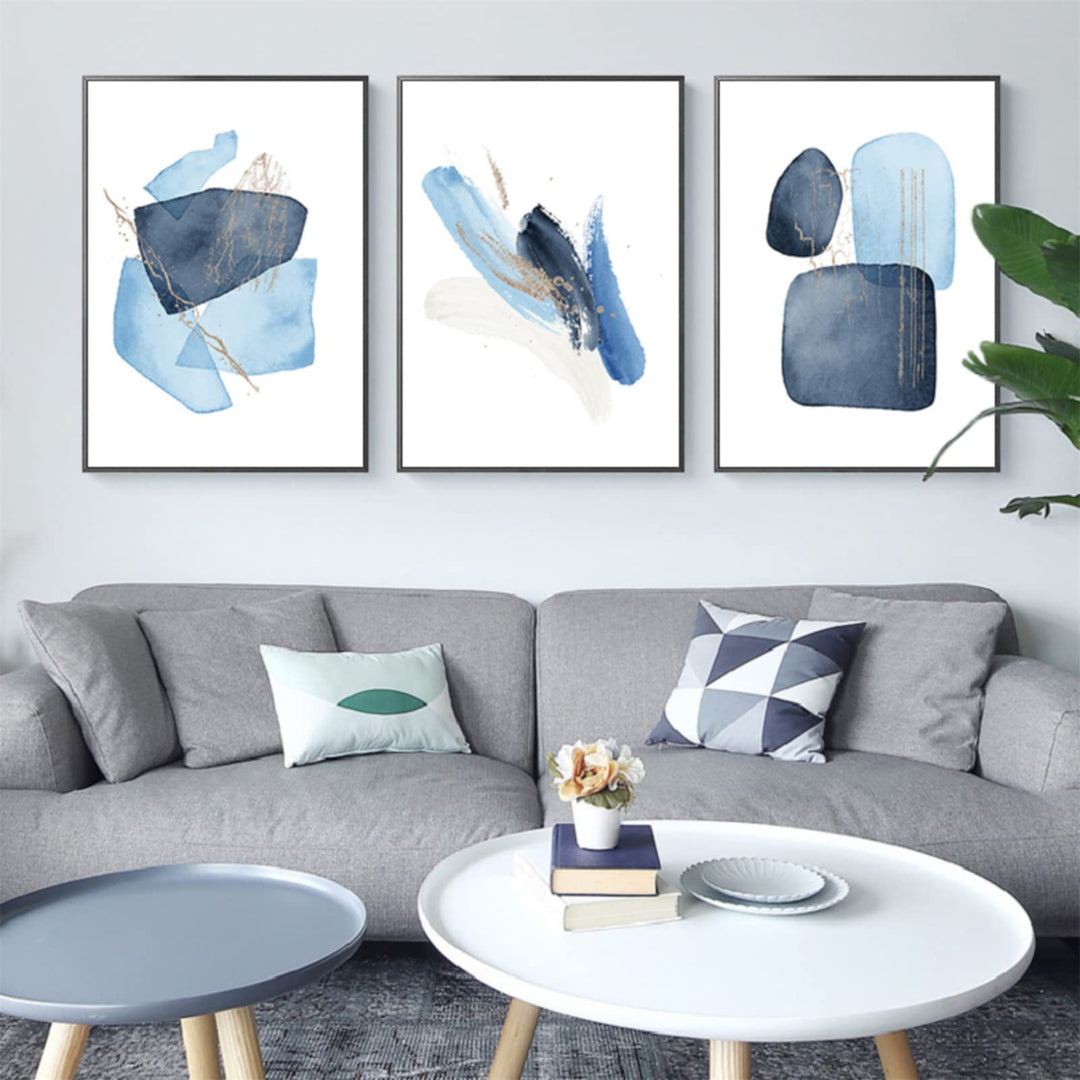 TROYSINC 3er Set Abstract Poster, Blau Geometrie Form Bilder, Ohne Rahmen Wandkunst Leinwand Poster,
