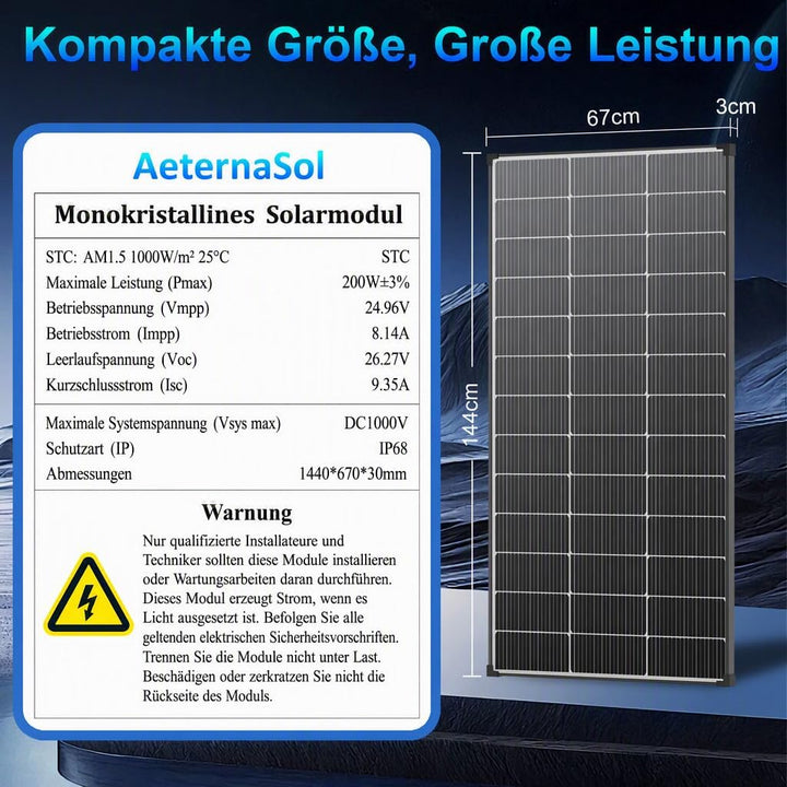 200W Solarpanel Bifazial Glas/Glas TopCon N-typ 18BB Zonnepaneel, A+ Monocrystalline Solarmodule, IP