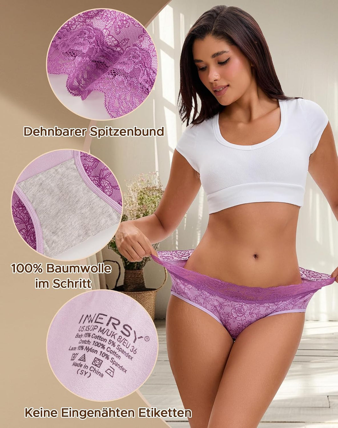 INNERSY Unterhosen Damen Baumwolle Slips mit Spitze Bequeme Hipster Unterwäsche Mehrpack 6 36 1 Lila