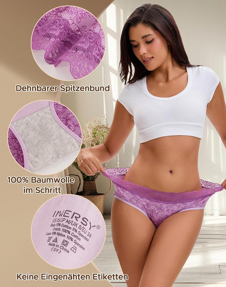 INNERSY Unterhosen Damen Baumwolle Slips mit Spitze Bequeme Hipster Unterwäsche Mehrpack 6 36 1 Lila