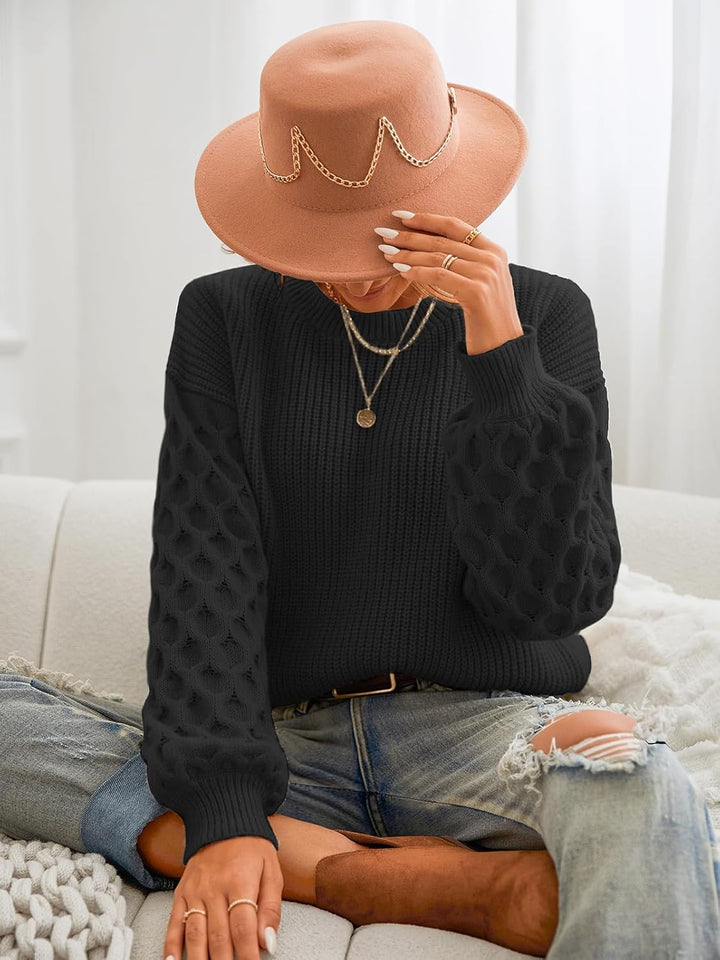CUPSHE Damen Strickpullover Rundhals Langarm Feinstrick Pulli Jumper Oberteile Tops Honeycomb Knit S