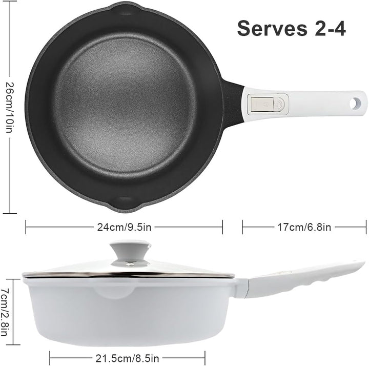 Pfanne 24cm mit Deckel, Aluminium Bratpfanne Hoher Rand mit Abnehmbarer Griff, Schmorpfanne 24 cm fü