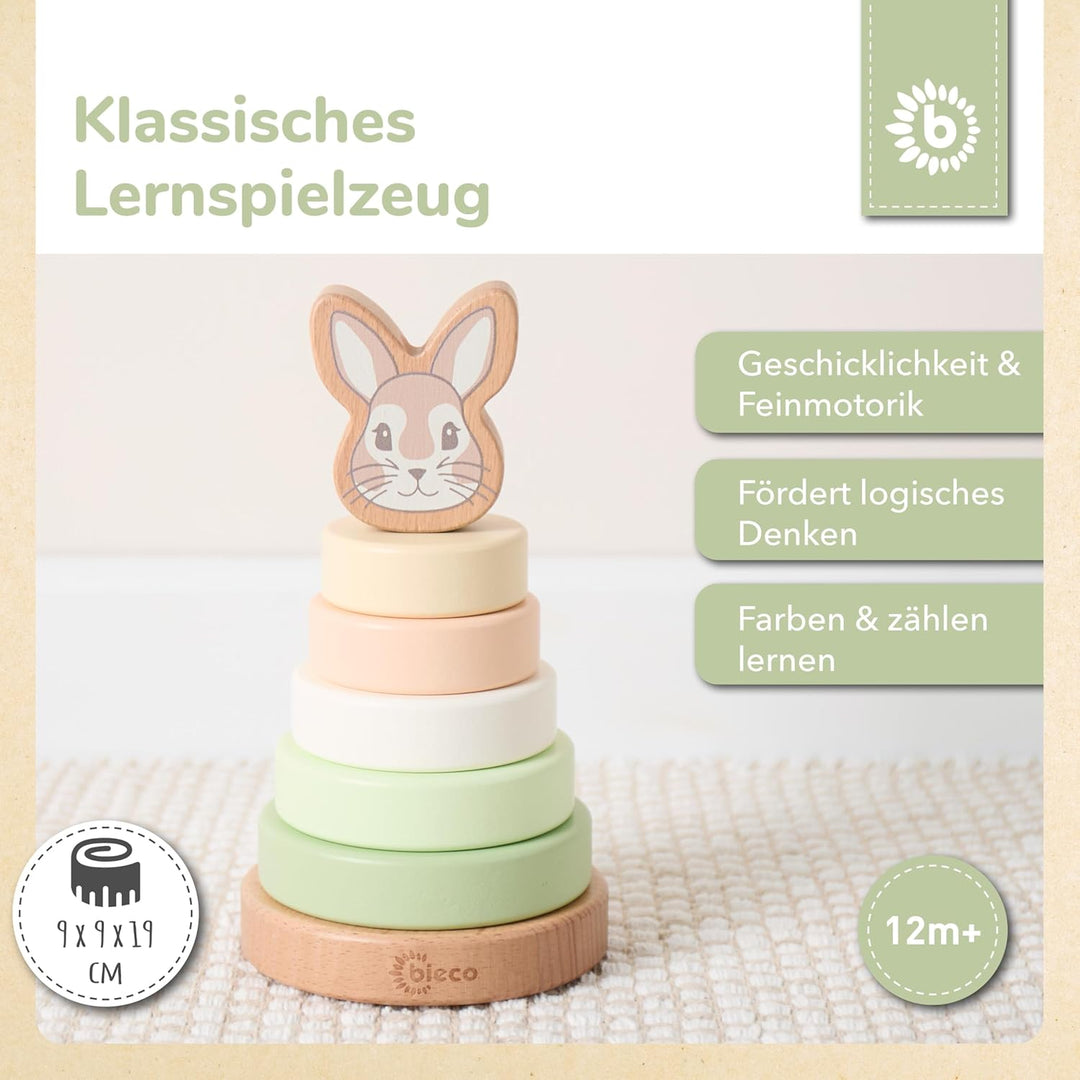 Bieco Hase Fine Stapelturm Baby Holz FSC® 19 cm Steckspiel ab 1 Jahr 7 tlg. Green Mix 10 x 10 x 18.5